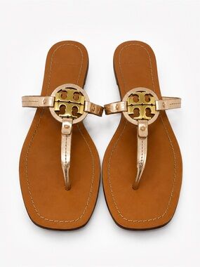 Tory Burch Metallic Rose Gold Logo Thong Sandals Leather 8